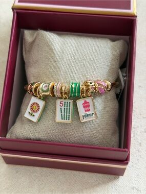 Gold-Tone Mahjong Tile Charm Bracelet with Green and Pink Enamel